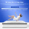 A woman is floating above a mattress, with text describing the mattress's firmness. Voir les images du produit