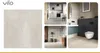 A collage showing a VILO SPC vinyl floor tile and lifestyle images of its application in a kitchen and bathroom. Produktbild-Vorschau