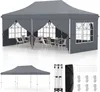 A collage showing a grey pop-up tent set up with tables and chairs inside, and a separate view of the tent components and accessories. Náhled obrázku produktu