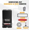 An illustration showing a robot vacuum station and its compatible accessories, with labels indicating each part. Produktbild-Vorschau