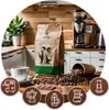 A coffee bag and coffee beans are displayed on a wooden table in a kitchen setting, with various coffee brewing equipment and accessories around. Produktbild-Vorschau