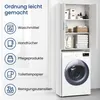 A white cabinet with open doors, showing storage shelves filled with bathroom items, positioned next to a white washing machine. Produktbild-Vorschau