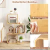 A product image showcasing a bamboo shelf unit with various items, accompanied by feature highlights. Podgląd zdjęcia produktu