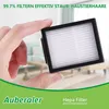 A hand holds a white HEPA filter with a black frame in front of a blurred living room background. Green overlay at the bottom with text. Produktbild-Vorschau