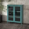 A teal metal display cabinet with glass doors and adjustable shelves, placed on a dark floor against a concrete wall. Náhled obrázku produktu
