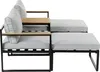 A side view of a modern outdoor lounge set with light gray cushions and a black metal frame, featuring a wooden accent table. Produktbild-Vorschau