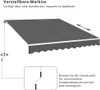 A dark gray awning is shown extended from a wall, with a diagram of a hand crank mechanism below. Produktbild-Vorschau