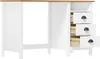 A white desk with a wooden top and three drawers on the right side, shown from a side angle. Produktbild-Vorschau