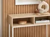 A close-up shot of a console table with decorative items on top and inside its shelves, set against a slatted wooden wall. Náhled obrázku produktu