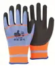 A pair of work gloves with black palms and blue and orange fabric on the back of the hands. Podgląd zdjęcia produktu