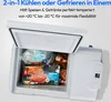 An open white portable cooler/freezer with food items inside, with marketing text above. Produktbild-Vorschau