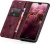 A burgundy flip case for a Huawei P20 Lite phone, shown open with the phone inside and cards and a banknote in the case's slots. Produktbild-Vorschau