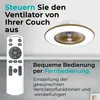 A remote control and a ceiling fan with light are shown, with German text promoting the convenience of controlling the fan from a couch. Produktbild-Vorschau