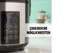 Close-up of a digital rice cooker and steamer with a text overlay. Produktbild-Vorschau