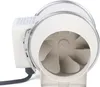 A close-up side view of a white inline duct fan with a gray fan blade visible inside. Náhled obrázku produktu