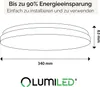 A diagram of a round LED ceiling lamp with dimensions and text indicating energy savings and ease of installation, along with the brand logo. Podgląd zdjęcia produktu