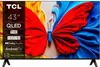 A TCL television displaying a colorful butterfly image, with product specifications listed on the left side. Voir les images du produit