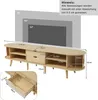 A diagram showing the dimensions of a TV stand, with different TV sizes indicated. Podgląd zdjęcia produktu