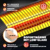 Close-up of a radiant heater with text overlays highlighting its features. Produktbild-Vorschau
