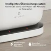 Close-up of the base of a white automatic pet water fountain, showing indicator lights and text labels explaining its features. Produktbild-Vorschau