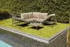 A modern outdoor lounge set is placed on a bright green artificial lawn next to a swimming pool, with a dense green hedge in the background. Produktbild-Vorschau