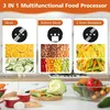 A marketing image showcasing the different cutting functions of a food processor with examples of sliced oranges and cucumbers, diced meats and vegetables, and shredded vegetables. Náhled obrázku produktu