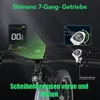 Close-up view of an e-bike's handlebars, display, and gear shifter, with text overlays highlighting features. Produktbild-Vorschau