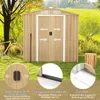 A wooden shed in a garden setting with a bicycle and a tree nearby, featuring close-up insets of its features. Anteprima dell’immagine prodotto