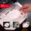 A hand is scooping ice from an ice maker. There are inset images showing the operation and result of the ice maker. Podgląd zdjęcia produktu
