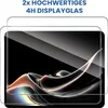 Two screen protectors are shown on top of a tablet screen with a dark, abstract background. Produktbild-Vorschau