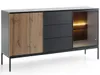 A modern sideboard with a slatted wooden door, drawers, and a glass-fronted cabinet with interior lighting. Produktbild-Vorschau