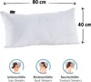 A white pillow with dimensions indicated, and illustrations showing how it can be used by side, back, and stomach sleepers. Produktbild-Vorschau