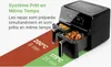 A dual-basket air fryer with food in both baskets, accompanied by text highlighting its features and cooking times. Voir les images du produit