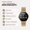 A smartwatch is shown next to a list of its features. Produktbild-Vorschau