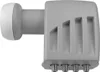 A gray satellite LNB converter with four coaxial connectors at the bottom and a white cap on the left. Voir les images du produit
