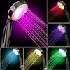 A collage of images showing a shower head with LED lights emitting streams of colored water. Produktbild-Vorschau