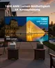 Two projectors are set up outdoors, projecting different images onto a large screen. One projector shows a dimly lit building, while the other shows a brightly lit pyramid. The scene is set in a backyard with a house and pool visible in the background. Anteprima dell’immagine prodotto