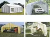 Collage of four images showing different types of portable shelters and tents. Produktbild-Vorschau