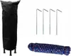 A black cover for a patio heater, along with tent stakes and a coiled rope, are laid out on a white background. Produktbild-Vorschau