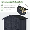 A close-up view of a dark gray wooden garden shed with a black asphalt roof, highlighting its weather protection features. Produktbild-Vorschau