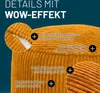 A close-up of an orange corduroy pouf with text overlays highlighting its features. Náhled obrázku produktu