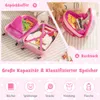 A collage showing a pink suitcase and a pink heart-shaped backpack, both open and filled with children's items. The bottom section displays icons and text indicating storage categories. Produktbild-Vorschau