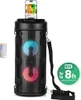 A black portable Bluetooth speaker with colorful LED lights, a smartphone dock, a remote control, and a shoulder strap. A green circular graphic indicates battery life. Produktbild-Vorschau