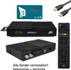 A collage of a satellite receiver, its remote control, a smart card, and HDMI cables. Produktbild-Vorschau