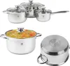 A collection of stainless steel pots and pans with glass lids, displayed against a white background. Náhled obrázku produktu