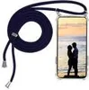 A dark blue cord case for a Samsung Galaxy A51 phone, with a silver accent, shown with a romantic image of a couple on the phone screen.