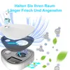 An exploded view of a mini air purifier with stylized representations of air molecules and leaves. Produktbild-Vorschau