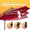 A red cantilever umbrella is shown with its canopy tilted at various angles, demonstrating its flexibility. Small lights are visible along the edges of the canopy. Three inset images at the bottom show how to operate the umbrella's crank and locking mechan Produktbild-Vorschau