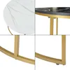 A collage of four close-up images showing details of two round tables with marble-look tops and gold metal legs. Náhled obrázku produktu