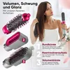 A woman is shown with a hair dryer and attachments, with text and numbered features highlighted. Produktbild-Vorschau